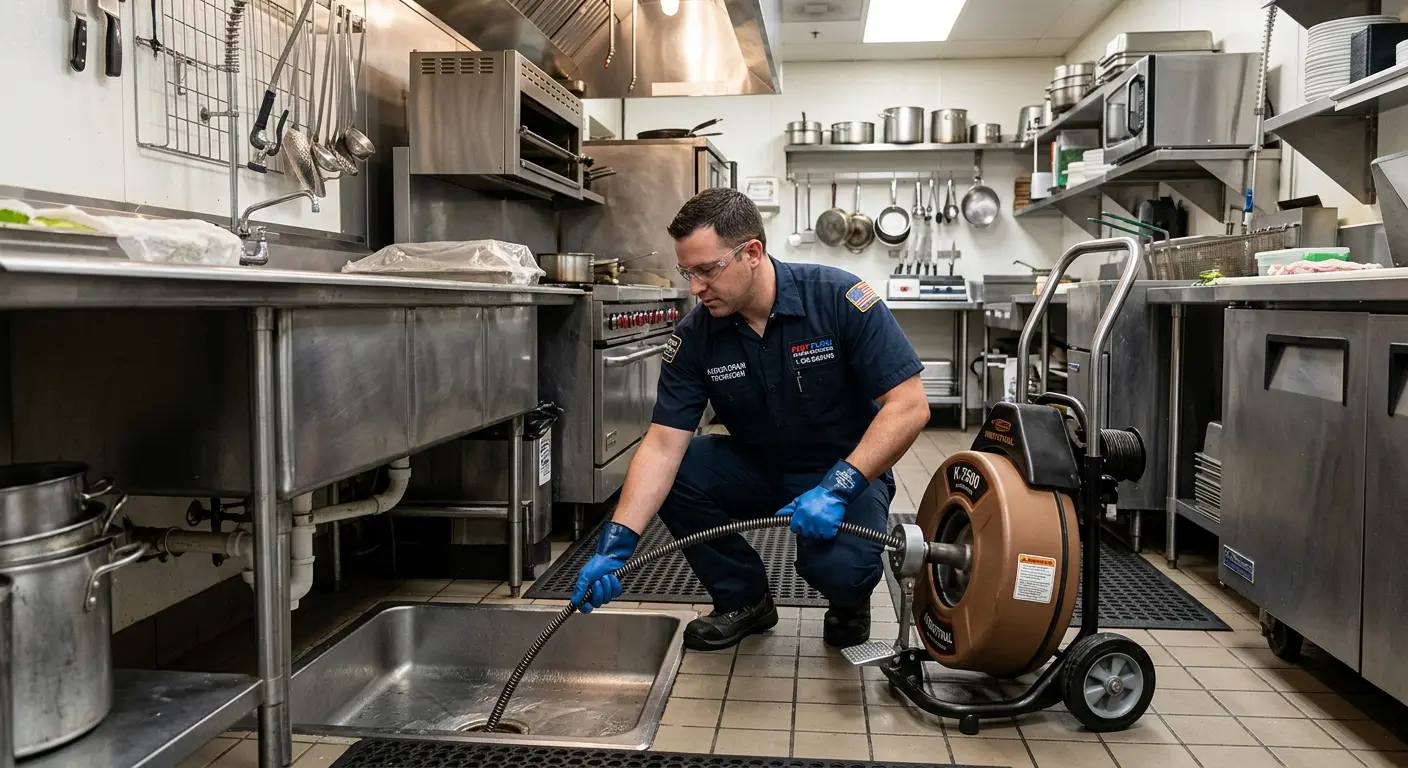 Commercial drain cleaning service in a restaurant kitchen in Bensley