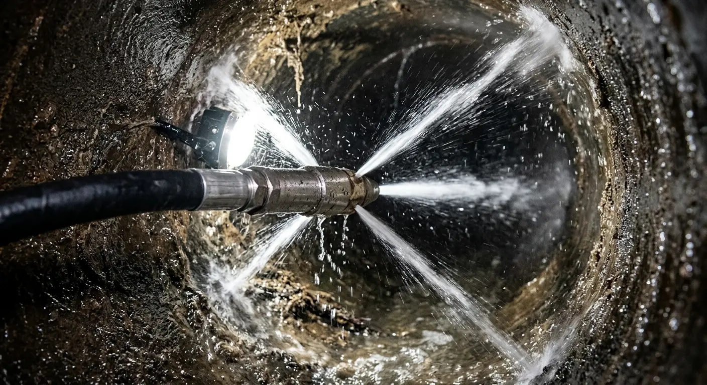 High-pressure hydro jetting nozzle cleaning sewer pipe for Emergency Drain Service in Bensley