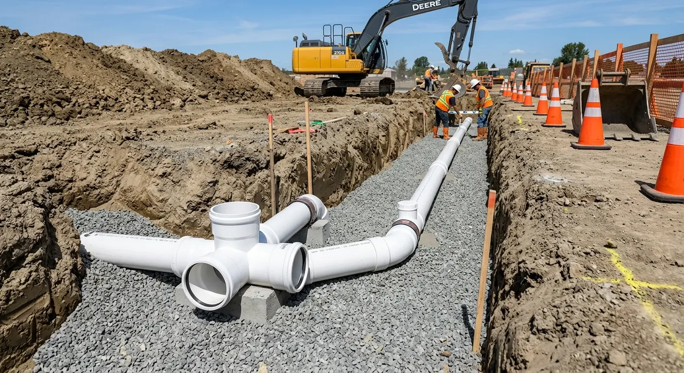 New PVC sewer pipe installation in open trench for Commercial Drain Cleaning in Bensley
