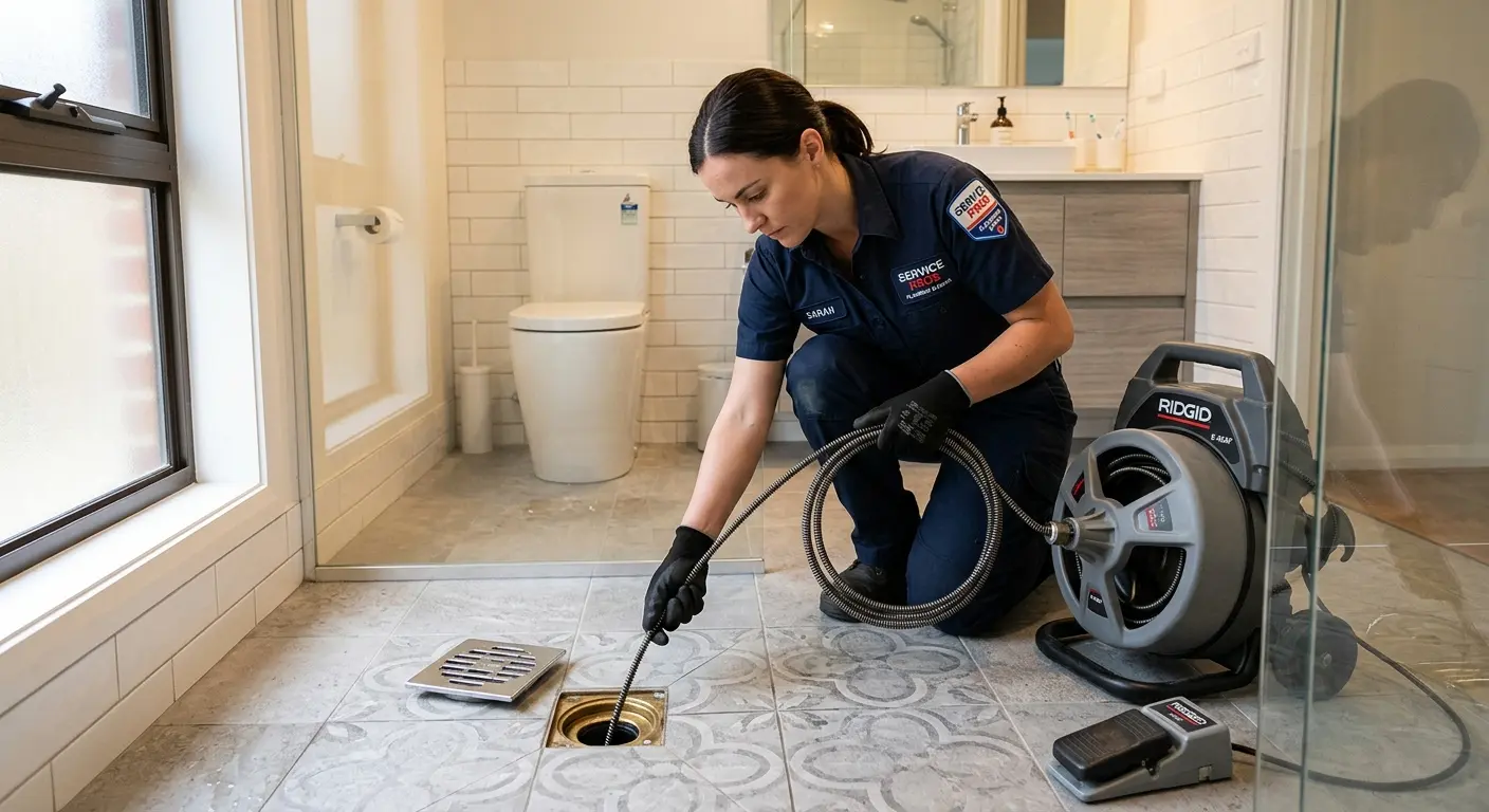 Technician clearing a bathroom floor drain for Sewer Line Replacement in Bensley